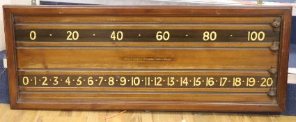 An Orme & Son Ltd mahogany snooker score board, 92cm long, 35cm high