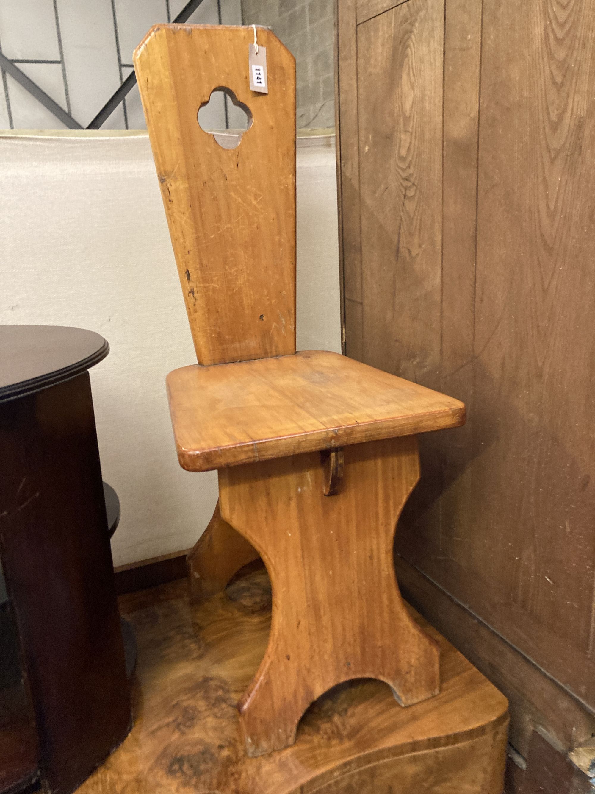 A pair of Italian style pitch pine hall chairs, stamped underneath R.Woolfe and J. Hadaway, width - Image 4 of 4