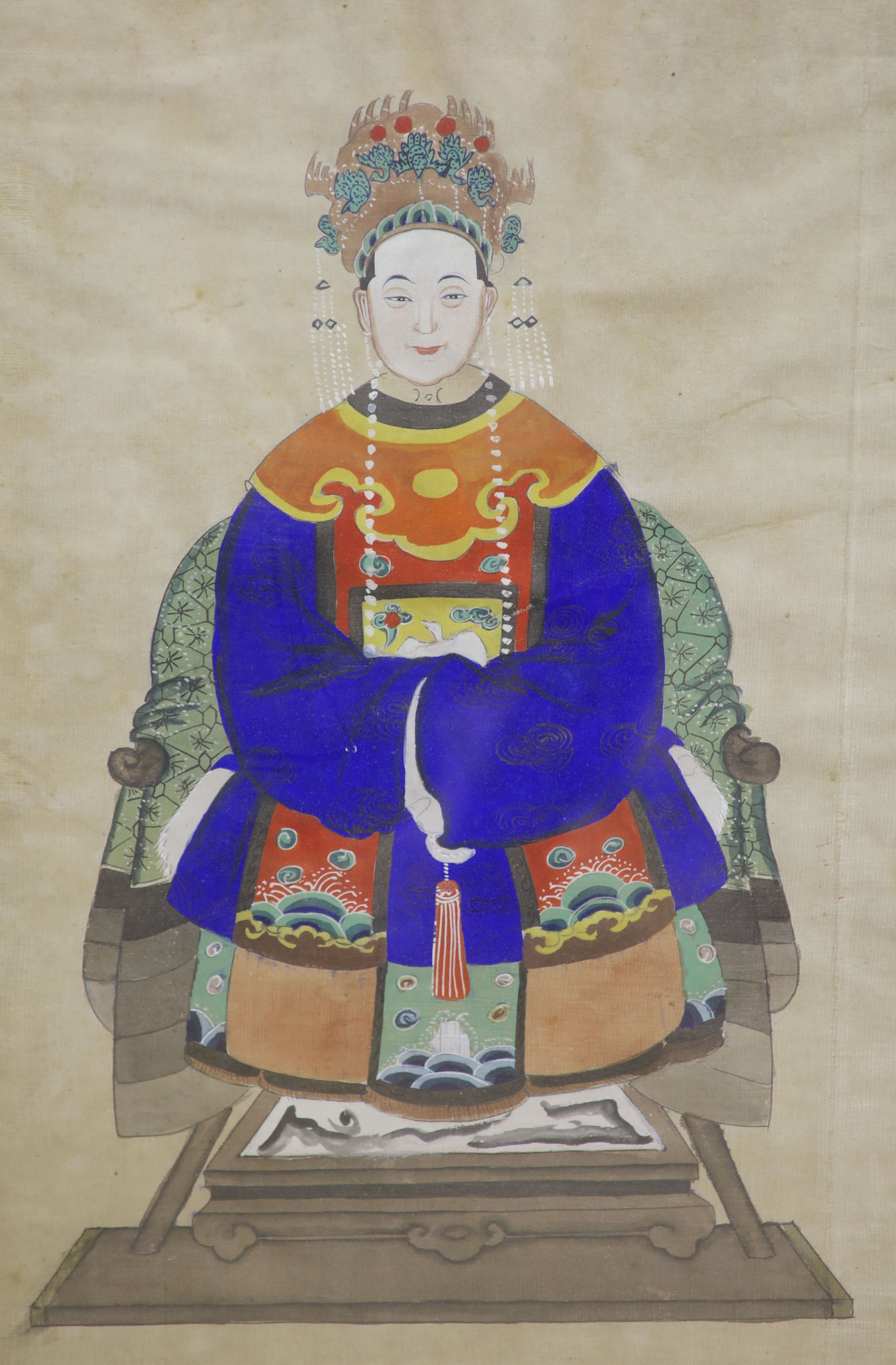 Chinese School, pair of watercolours on silk, Ancestor portraits, 55 x 37cm - Image 3 of 5