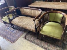 A late Victorian stained beech three piece tub framed salon suite