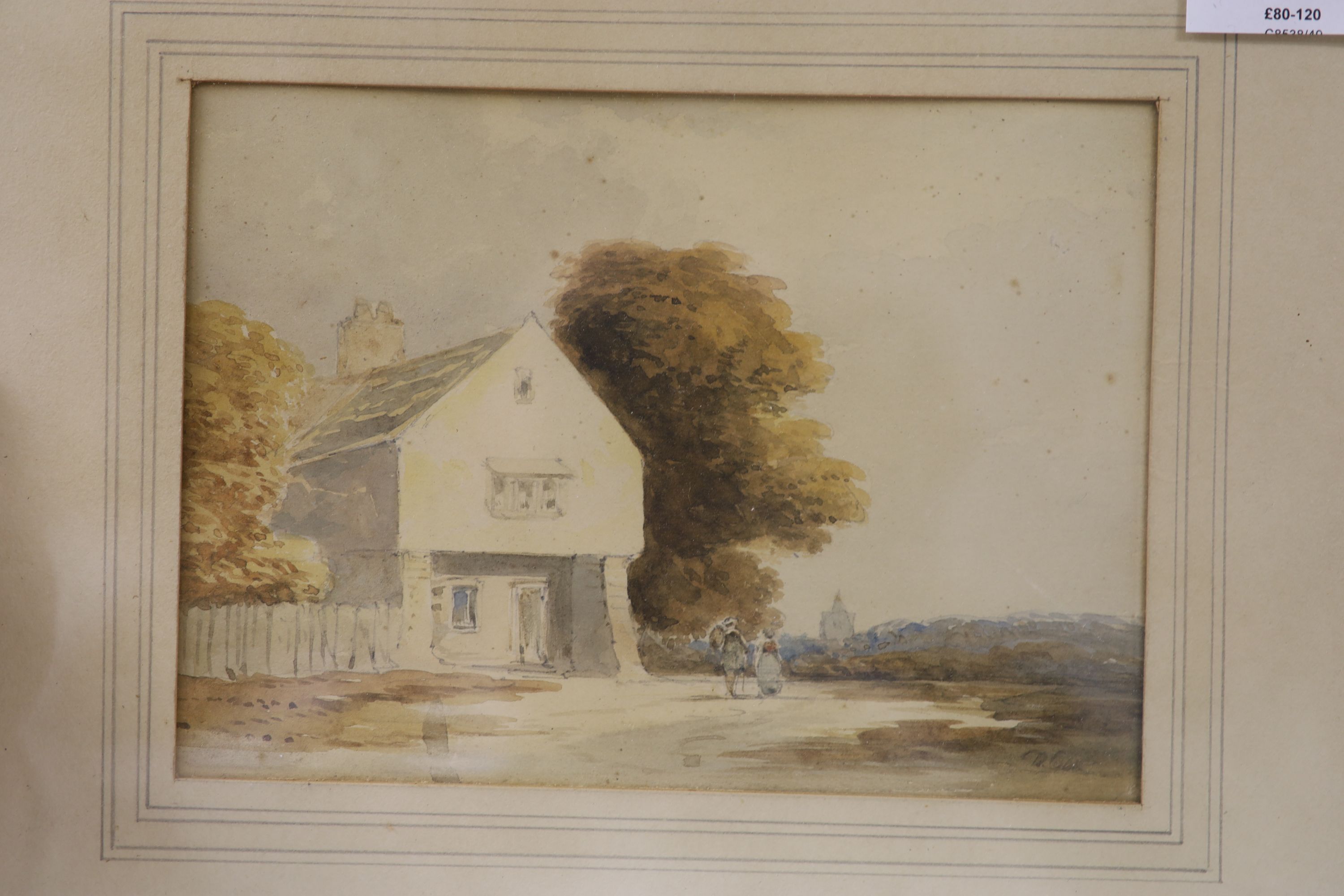 Attributed to David Cox, watercolour, Figures passing a house, 13 x 18cm, with two small oval - Image 9 of 11