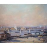 J. Desotta, oil on board, Figures beside the docks, a city beyond, signed, 49 x 60cmCONDITION: Oil