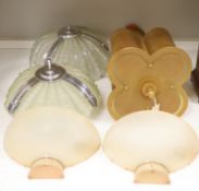 A pair of Art Deco style wall lights, a pair of similar 'shell' plaffoniers and a hanging light