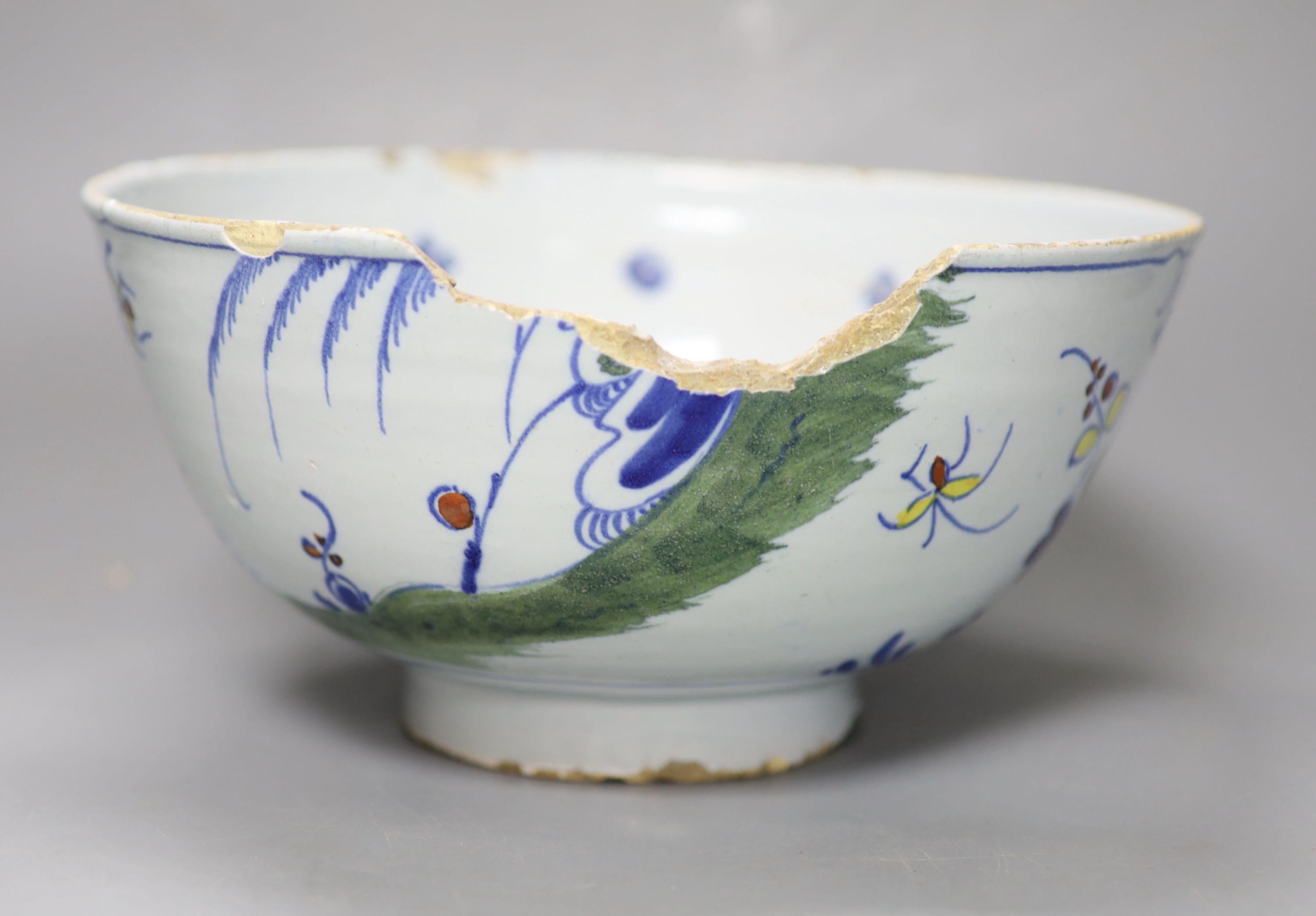An 18th century English Delft punch bowl, diameter 26cmCONDITION: Bowl - obvious damage includes - Image 3 of 5