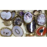 Ten assorted mainly Victorian gilt metal hardstone set brooches, including mourning brooch, 54mm,