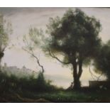 After Corot, oil on canvas, Shepherd boy in an Italianate landscape, 50 x 60cm