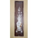 A Chinese hardwood and mother of pearl plaque, width 16.5cm height 65cm