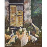 R. Pettini, oil on canvas, Poultry beside a church door, signed, 59 x 49cm