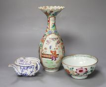 An 18th century Chinese famille rose bowl, a Japanese porcelain vase and and invalid cup, tallest