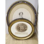 After Winterhalter, coloured lithograph, Portrait of Queen Victoria 1855, 39 x 31cm, and a pair of