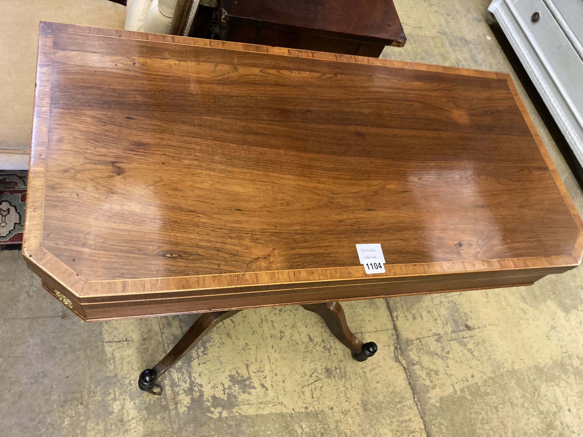 A Regency banded rosewood folding card table, width 91cm depth 45cm height 75cm - Image 2 of 5