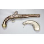 An 18th century Turkish flintlock pistol and an Eastern white metal powder flaskCONDITION: Hammer