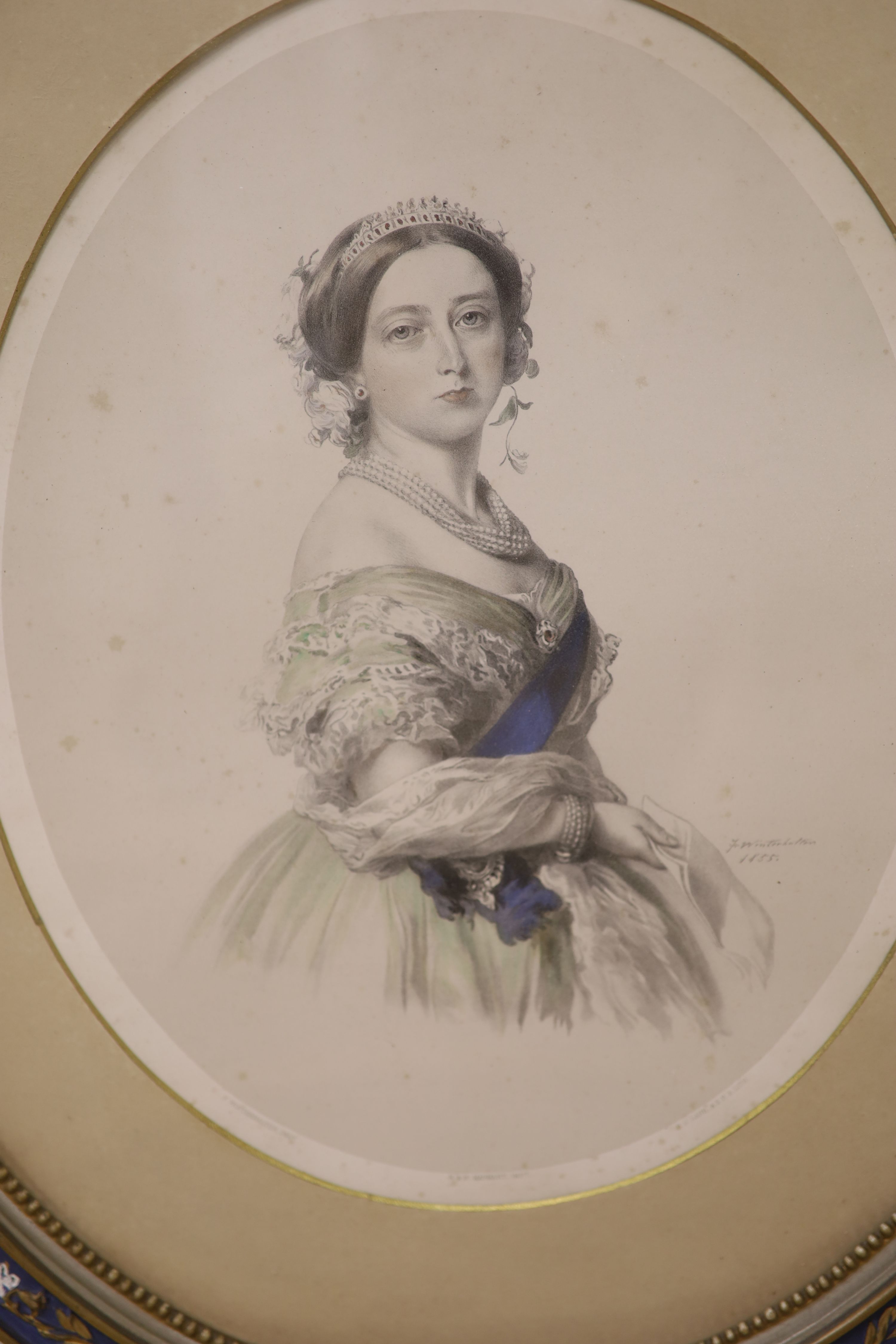 After Winterhalter, coloured lithograph, Portrait of Queen Victoria 1855, 39 x 31cm, and a pair of - Image 4 of 4