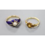 A late Victorian yellow metal, split pearl, rose cut diamond and blue enamel set ring, size J/K,