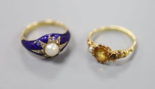 A late Victorian yellow metal, split pearl, rose cut diamond and blue enamel set ring, size J/K,