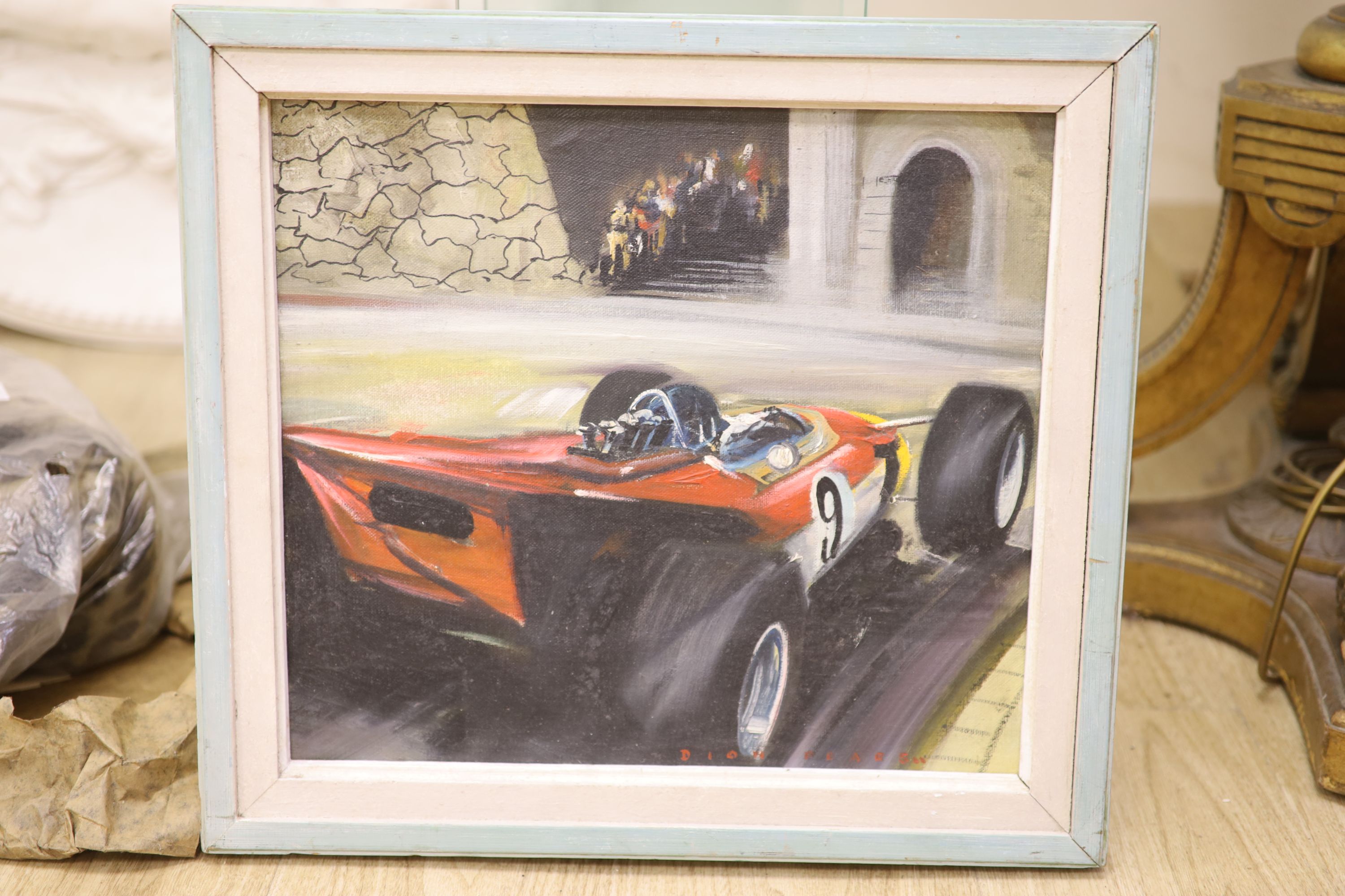 Dion Pears (1829-1985), oil on canvas laid on board, Motor racing scene, signed, 34 x 38cm - Image 2 of 5