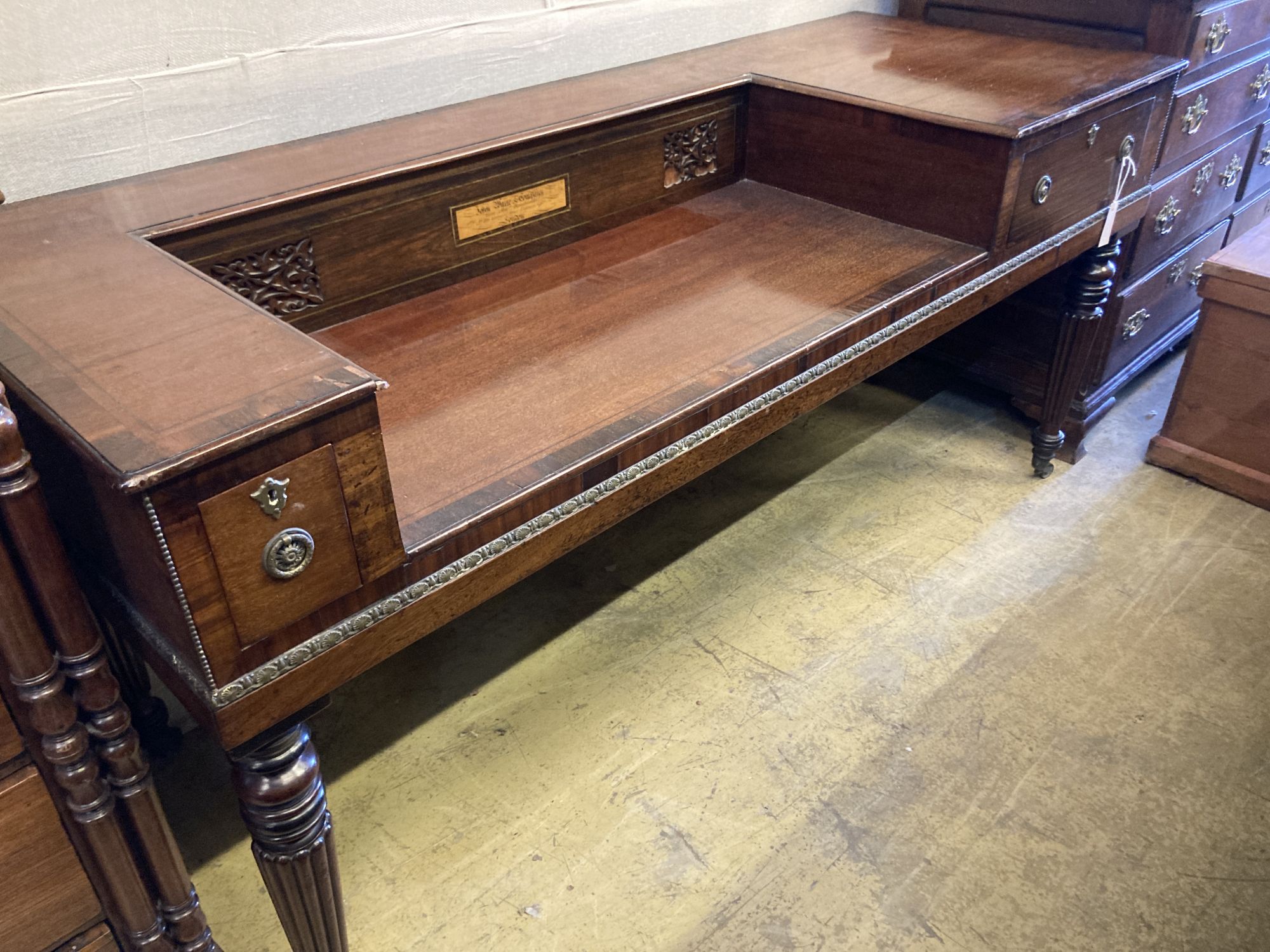 An early 19th century mahogany square piano converted to a desk, length 170cm, depth 64cm, height