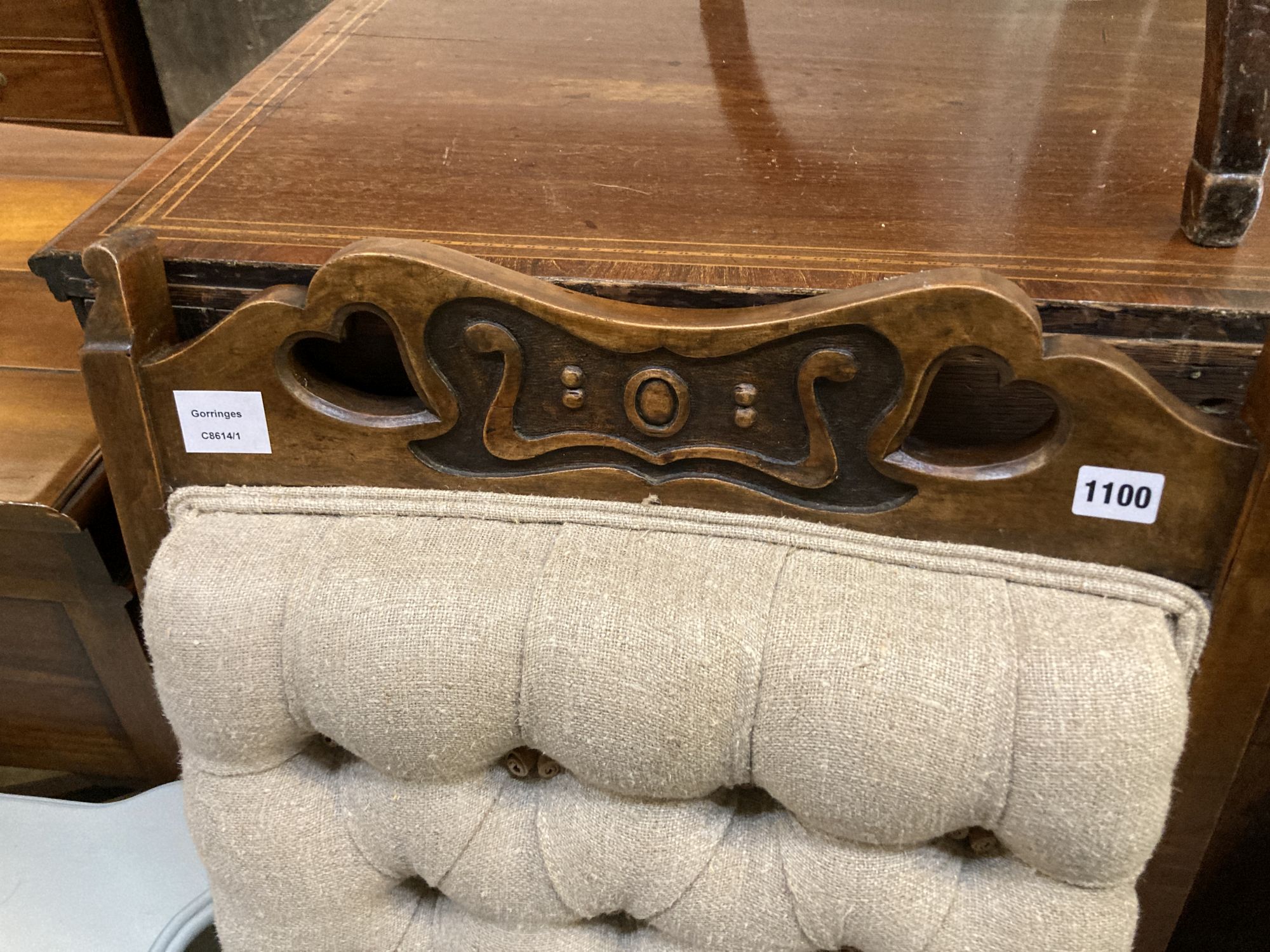 A late Victorian Art Nouveau salon chair, upholstered in buttoned natural fabric, width 60cm, - Image 2 of 4