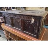 An 18th century and later panelled oak coffer, length 116cm, depth 50cm, height 45cm