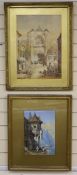 After Samuel Prout, watercolour, Lakeside houses, bears monogram, 33 x 22cm, and a watercolour of