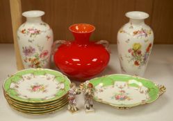 A Royal Crown Derby seven piece part dessert set, a pair of Continental porcelain figures, a pair of