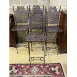 A set of four metal folding garden bar chairs, width 39cm, depth 38cm, height 120cm