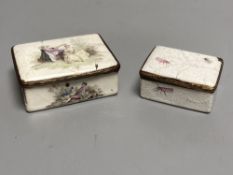 Two 18th century white enamelled snuff boxes, largest 8.5cm.