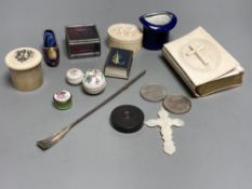 A group of small boxes and curios including a 19th century Dieppe carved ivory trinket box, 6cm.