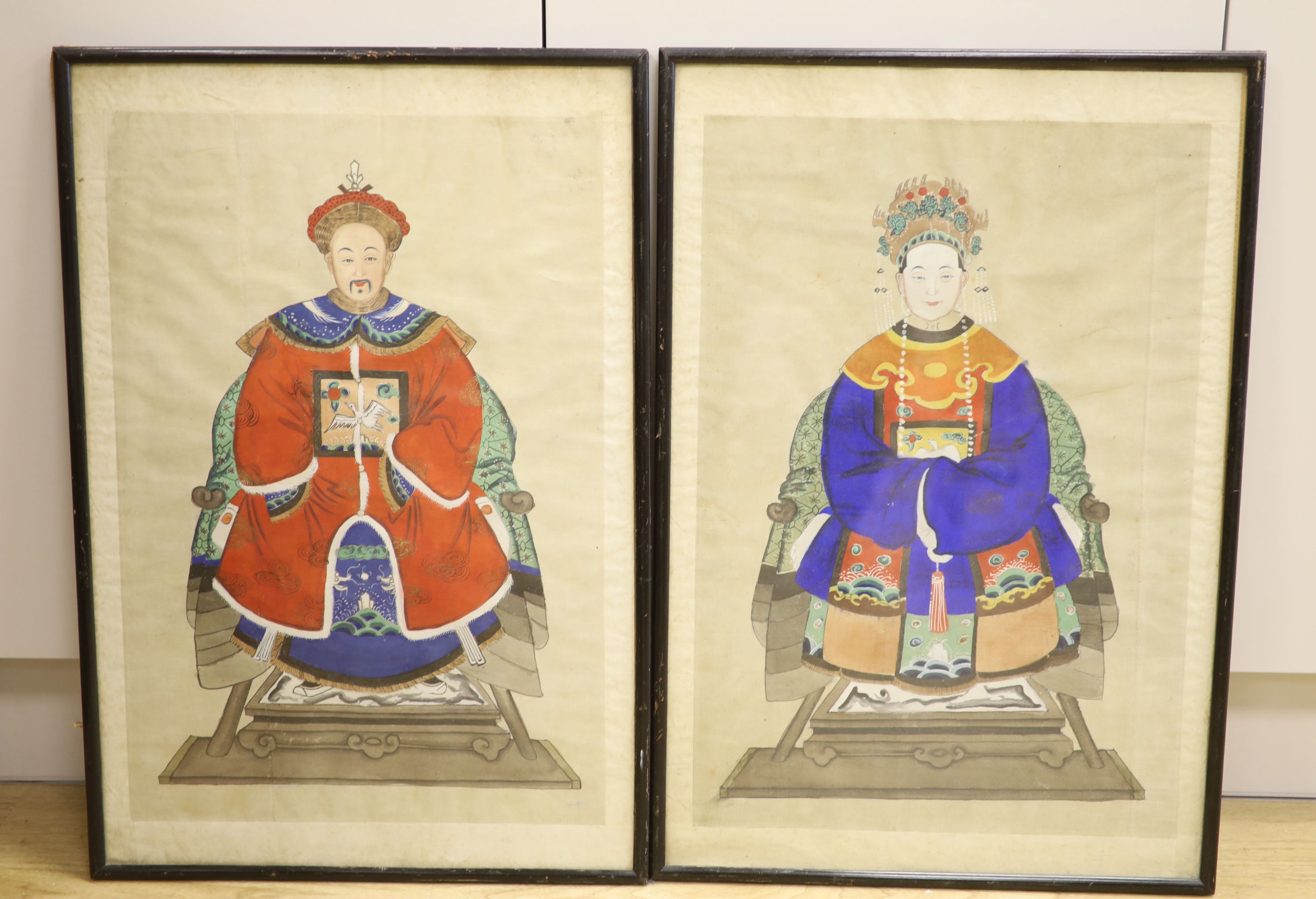 Chinese School, pair of watercolours on silk, Ancestor portraits, 55 x 37cm