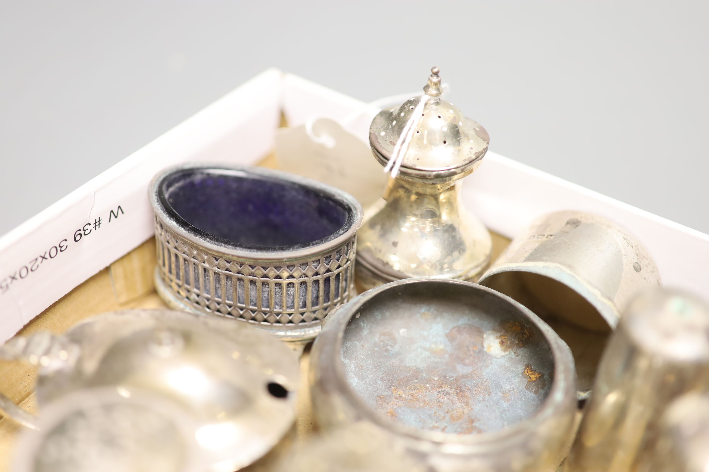 Eight assorted silver condiments including pair of Victorian mounted glass and a Georgian bun - Image 4 of 7