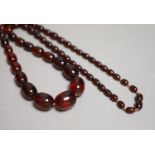 A single strand graduated oval simulated cherry amber bead necklace, 84cm, gross 90 grams.