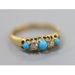 A late Victorian 18ct gold, turquoise and diamond set five stone half hoop ring, size L, gross 2.9