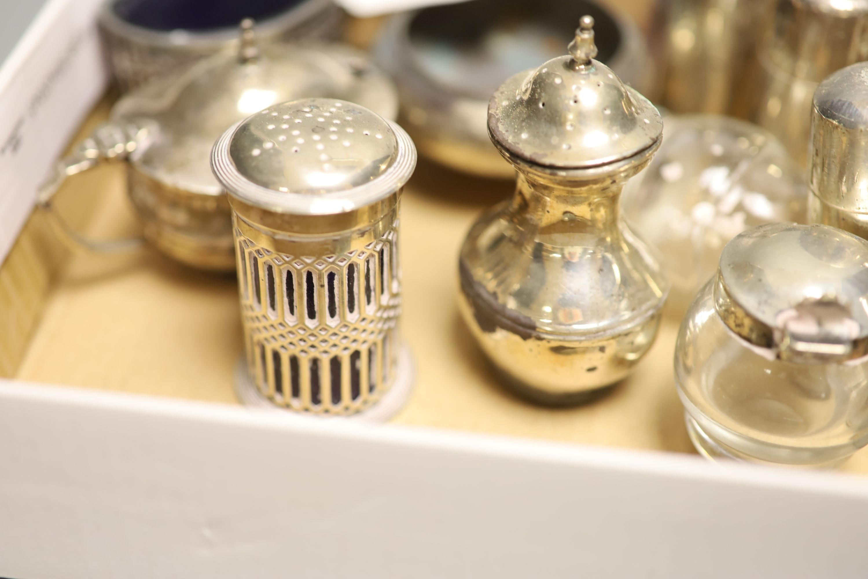 Eight assorted silver condiments including pair of Victorian mounted glass and a Georgian bun - Image 2 of 7