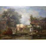 James Burnet (Exh.1783-1817), oil on canvas, Farmyard scene, signed, 25 x 35cm