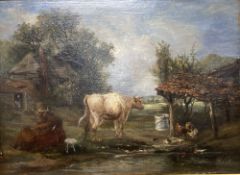 James Burnet (Exh.1783-1817), oil on canvas, Farmyard scene, signed, 25 x 35cm