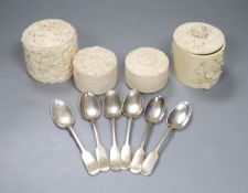 Four various Japanese carved ivory jars and covers, early 20th century and a set of six Victorian