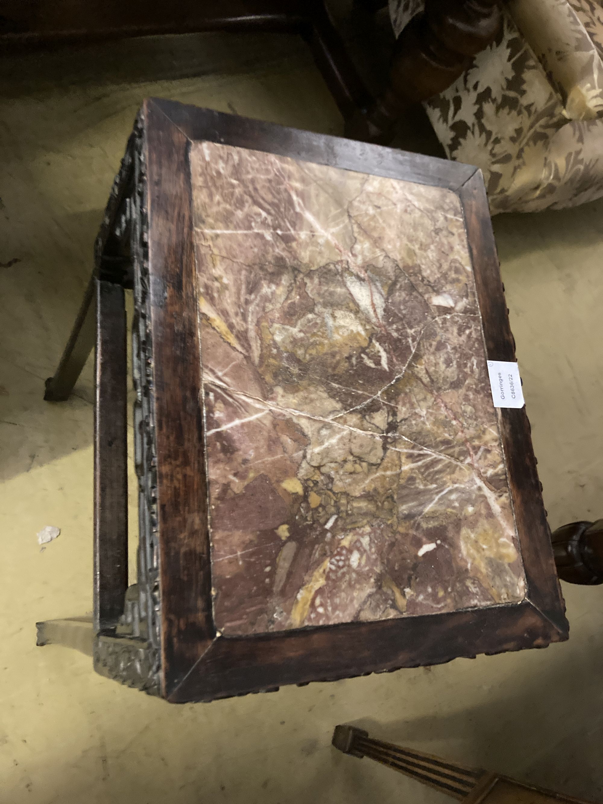 A 19th century Chinese carved hardwood rectangular topped jardiniere stand, with a rouge marble - Image 2 of 3