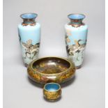 A pair of Japanese turquoise ground cloisonne enamel vases, a large cloisonne bowl and smaller