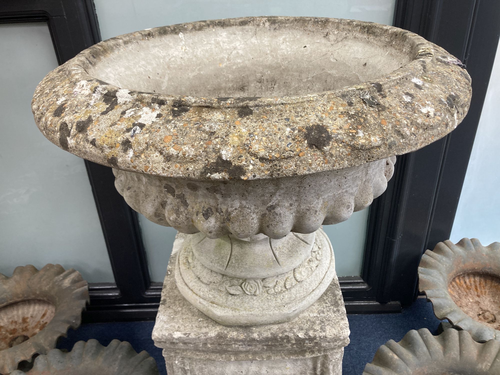 A reconstituted stone campana shaped garden urn, on square plinth, diameter 64cm, height 97cm - Image 3 of 4