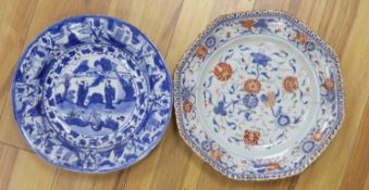 A Chinese Ming kraak blue and white dish, c.1640, together with a Kangxi Imari dish, c.1715, largest