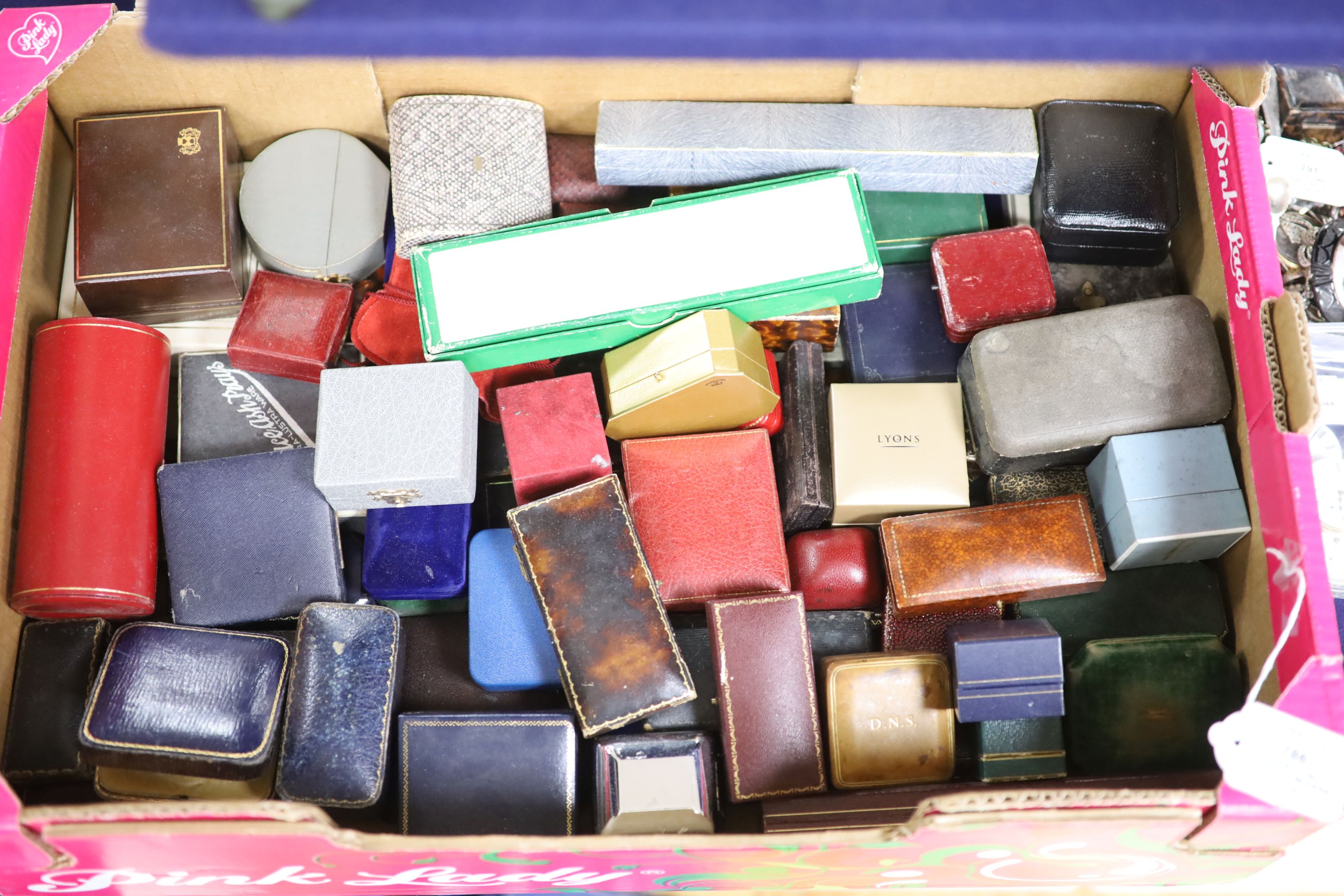 Seventy two assorted modern and earlier mainly jewellery boxes, including Garrard & Co, Pearce &