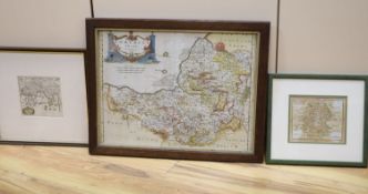 Robert Morden, coloured engraving, Map of Somersetshire, 32 x 43cm and two smaller maps of Wiltshire