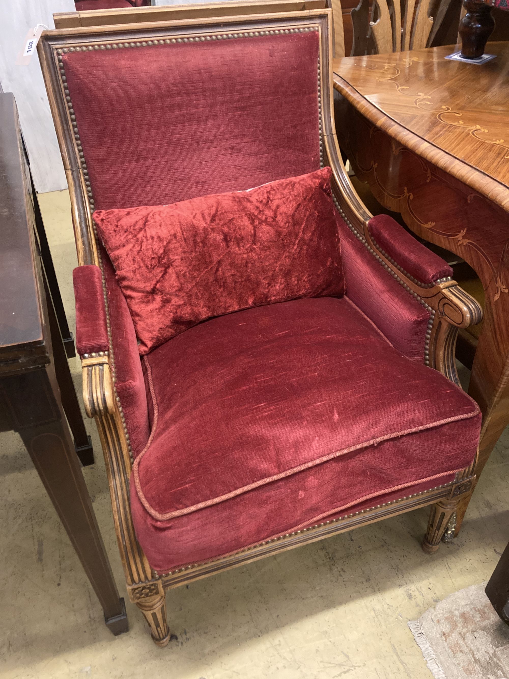 A pair of Louis XVI style upholstered mahogany armchairs, width 64cm, depth 70cm, height 93cm - Image 3 of 4