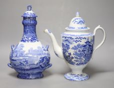 A Staffordshire pearlware blue and white pottery coffee pot and a Copeland Spode pilgrim flask,