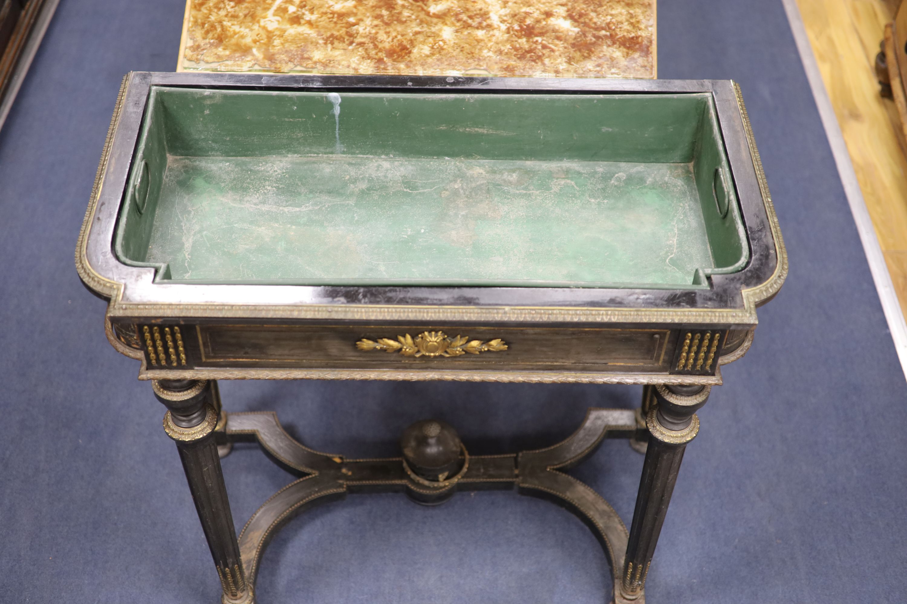 A 19th century French ebonised marble top jardiniere table, width 88cm, depth 48cm, height 86cm - Image 5 of 8