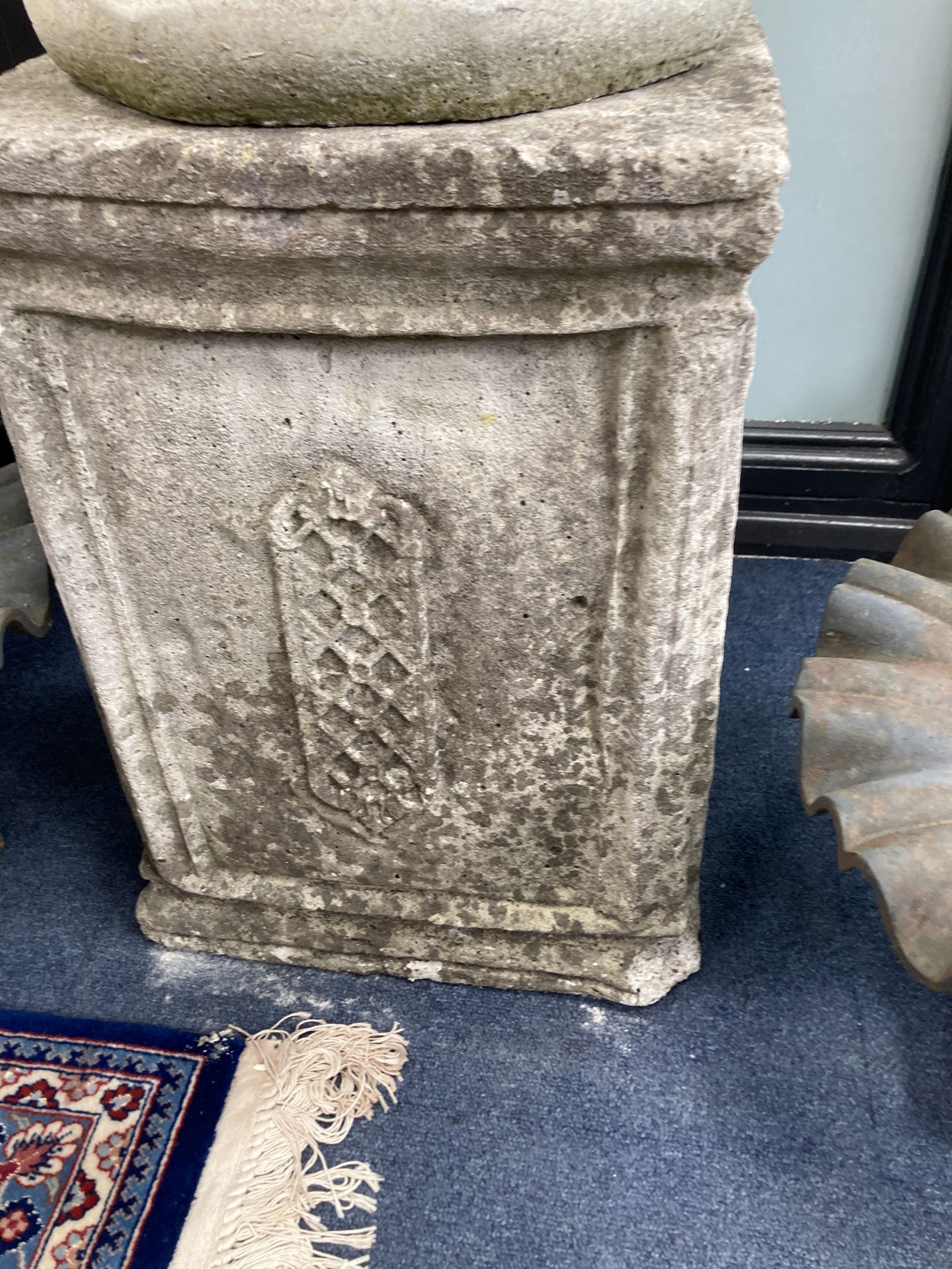 A reconstituted stone campana shaped garden urn, on square plinth, diameter 64cm, height 97cm - Image 4 of 4