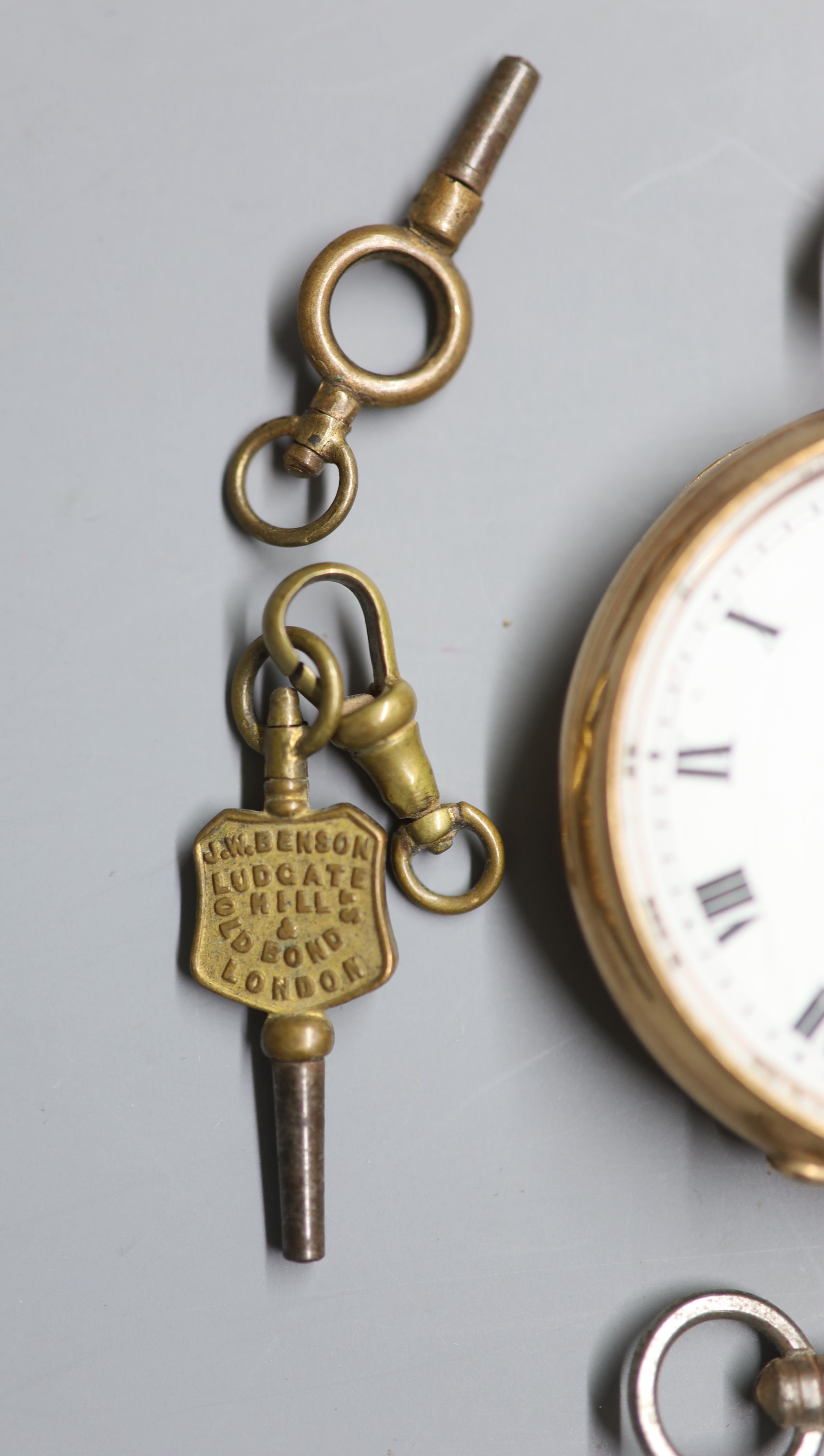 A George V 9ct gold open faced keyless lever pocket watch, retailed by Hinds Ltd, London, six - Image 2 of 4
