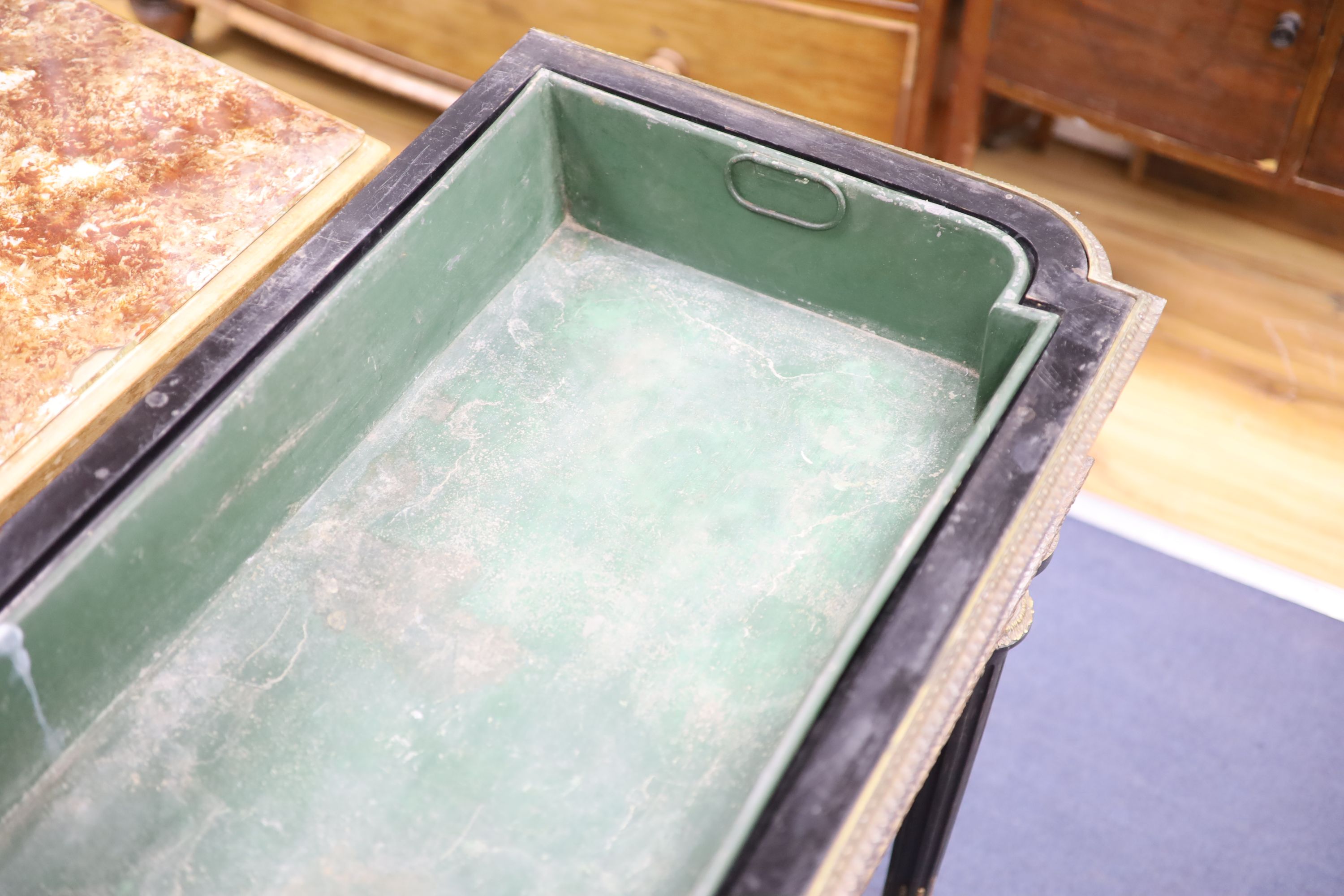 A 19th century French ebonised marble top jardiniere table, width 88cm, depth 48cm, height 86cm - Image 7 of 8