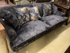 A modern contemporary large sofa upholstered in dark blue velvet, length 230cm, depth 110cm,