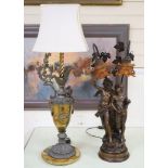 A Florentine style brass, spelter and onyx ewer shaped table lamp and a bronzed spelter figural